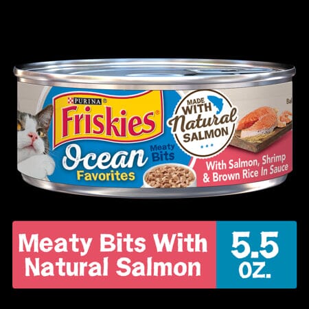 Purina Friskies Ocean Favorites Meaty Bits Salmon Shrimp and Brown Rice in Sauce Canned Cat Food - 5.5 Oz - Case of 24  