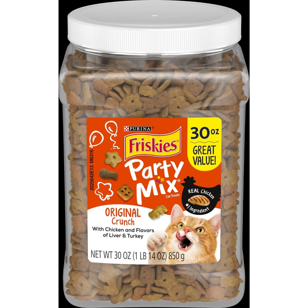 Purina Friskies Party Mix Canister Chicken Liver and Turkey Crunchy Cat Treats - 30 Oz - Case of 2  