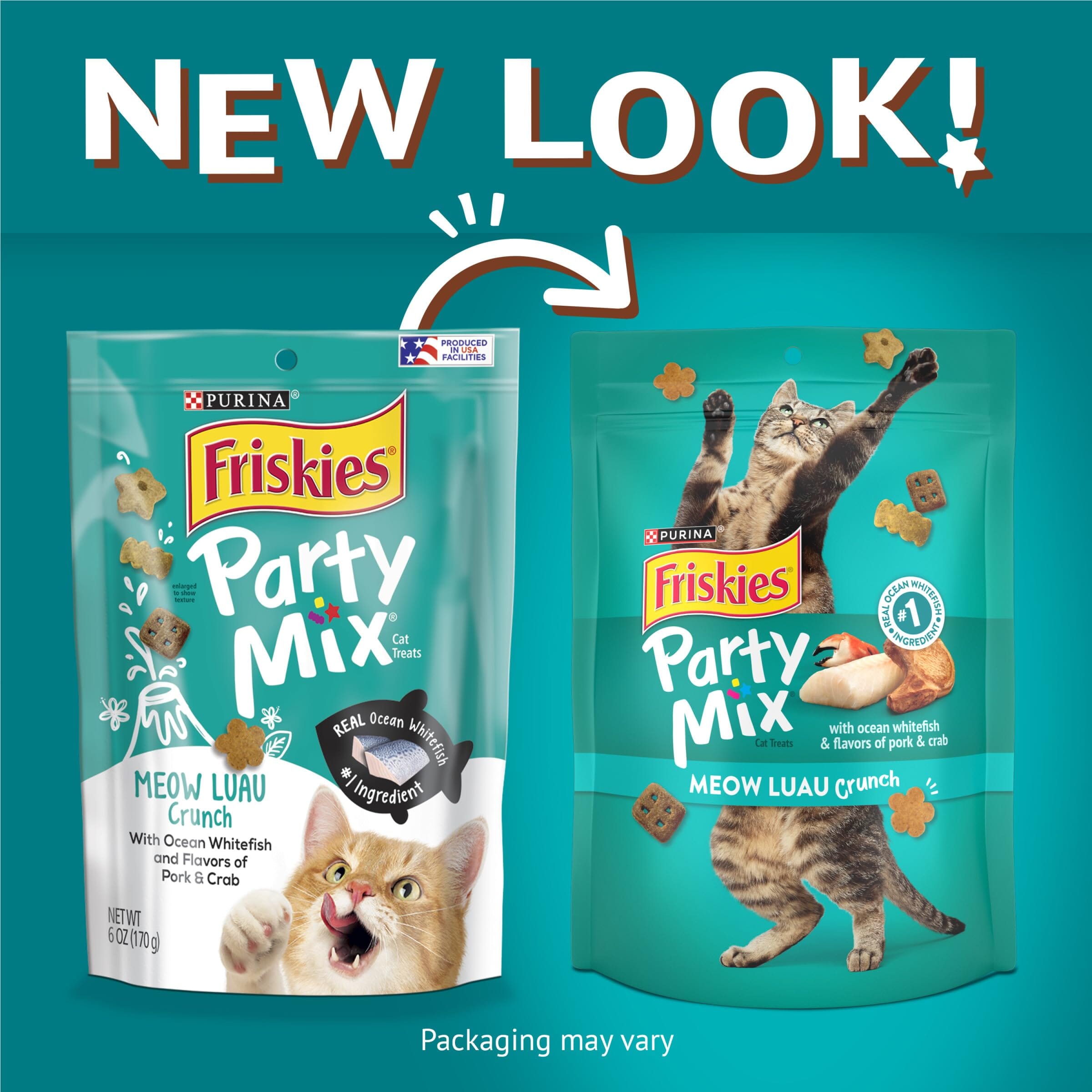 Purina Friskies Party Mix Meow Luau Whitefish Pork and Crab Crunchy Cat Treats - 2.1 Oz - Case of 10  