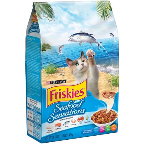 Purina Friskies Seafood Sensations Salmon Tuna Shrimp and Seaweed Adult Dry Cat Food - 3.15 Lbs - Case of 4  