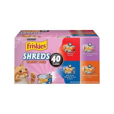 Purina Friskies Shreds Shredded Beef Chicken Turkey Fish and Cheese in Gravy and Sauce Canned Cat Food -Variety Pack - 5.5 Oz - Case of 40  