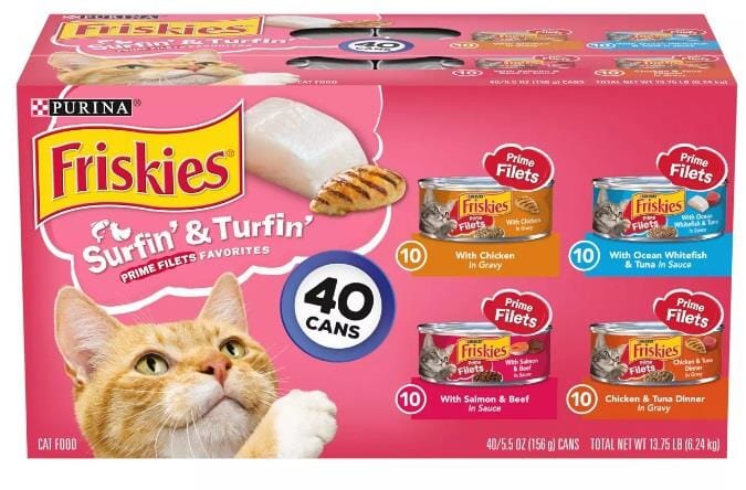 Purina Friskies Surfin' and Turfin' Prime Filets Chicken Whitefish Tuna and Salmon Canned Cat Food - Variety Pack - 5.5 Oz - Case of 40  