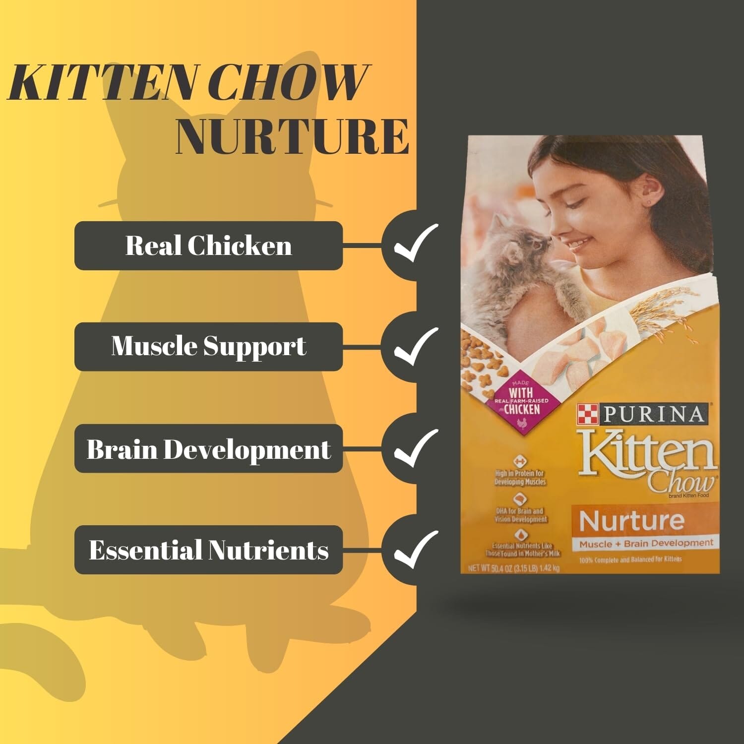 Purina Kitten Chow Nurture High-Protein Muscle and Brain Chicken with Minerals Dry Cat Food - 3.15 Lbs - Case of 4  