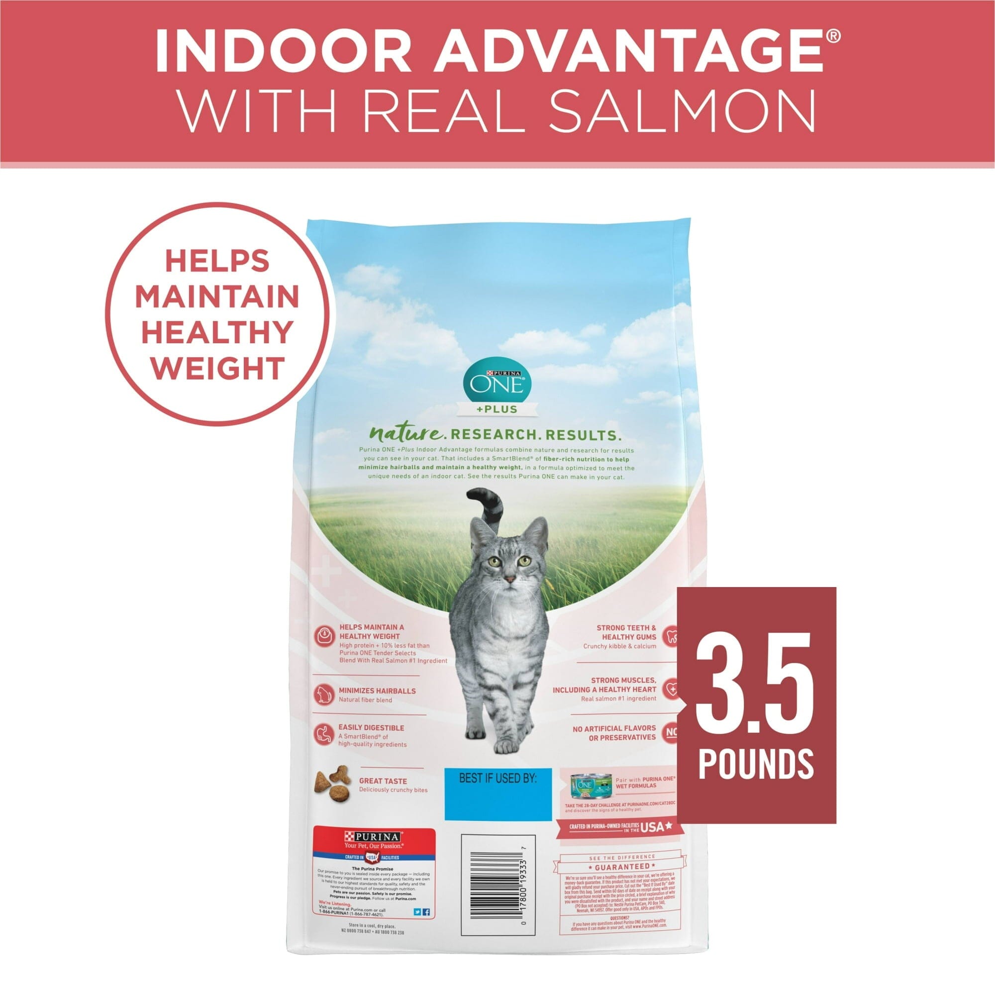 Purina One + Plus Indoor Advantage Healthy Weight and Immune Support Salmon Dry Cat Food - 3.5 Lbs - Case of 4