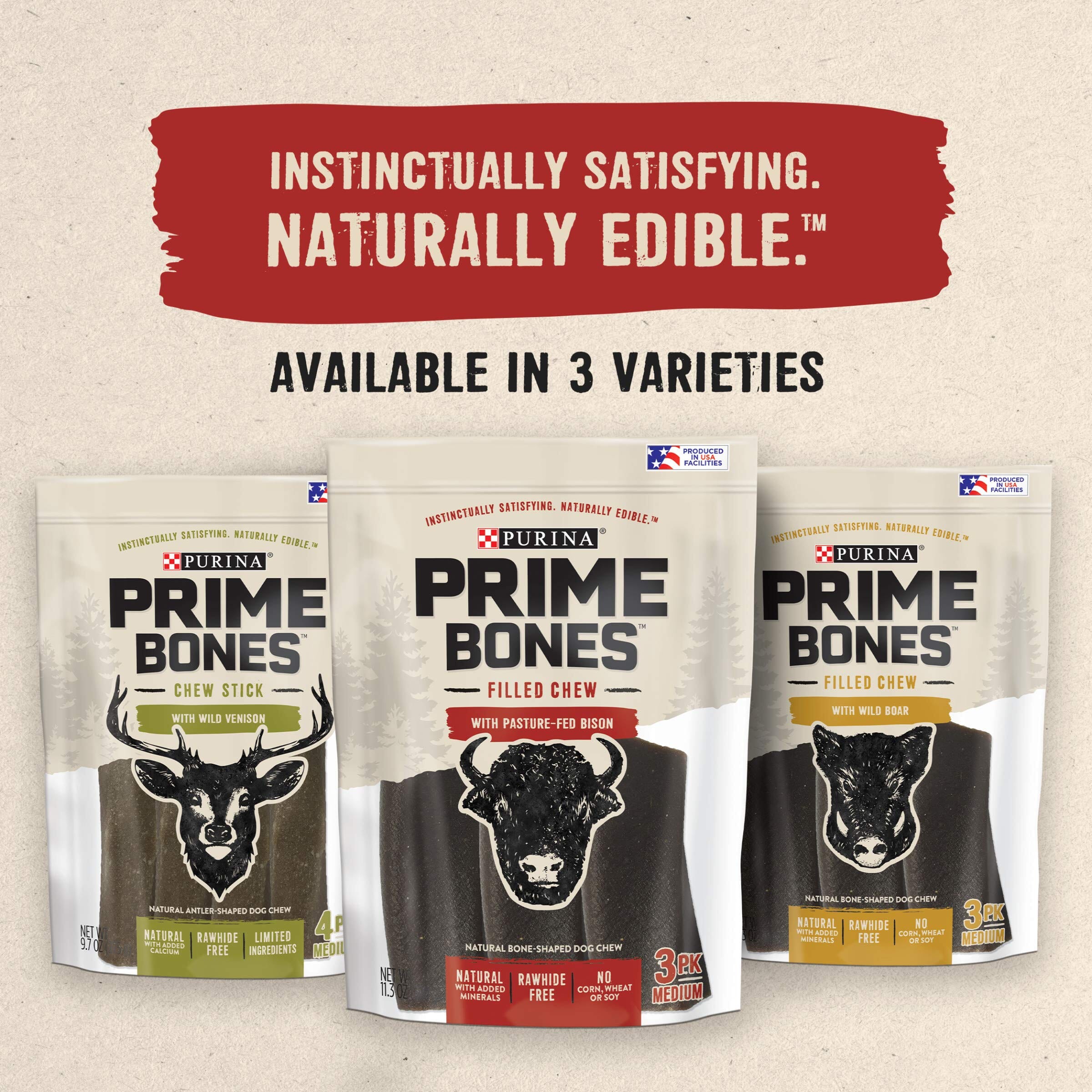 Purina Prime Bone Grass-Fed Bison Femur Bones Natural Hard Chew Dog Treats - Medium - 11.3 Oz - Case of 4  
