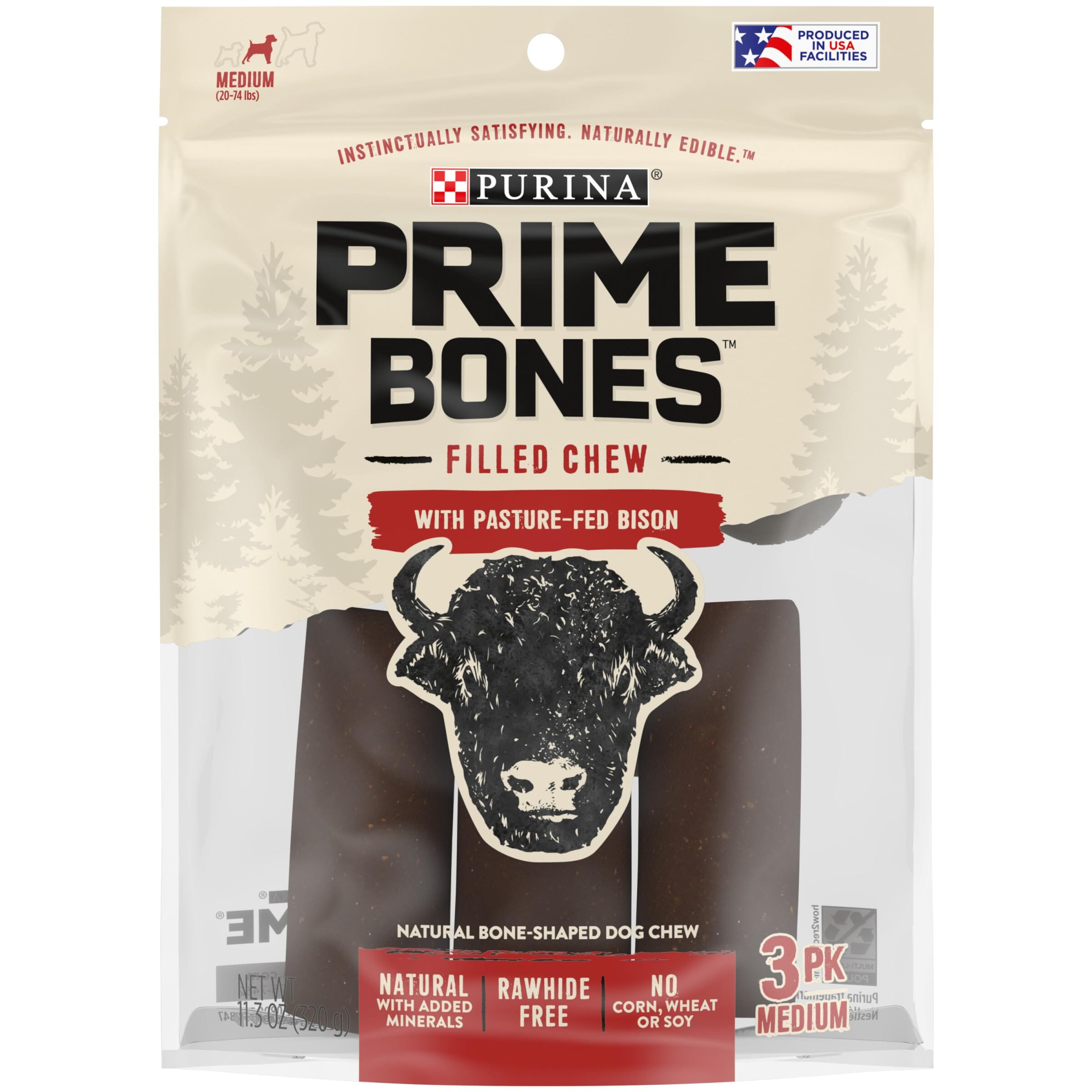 Purina Prime Bone Grass-Fed Bison Femur Bones Natural Hard Chew Dog Treats - Medium - 11.3 Oz - Case of 4  