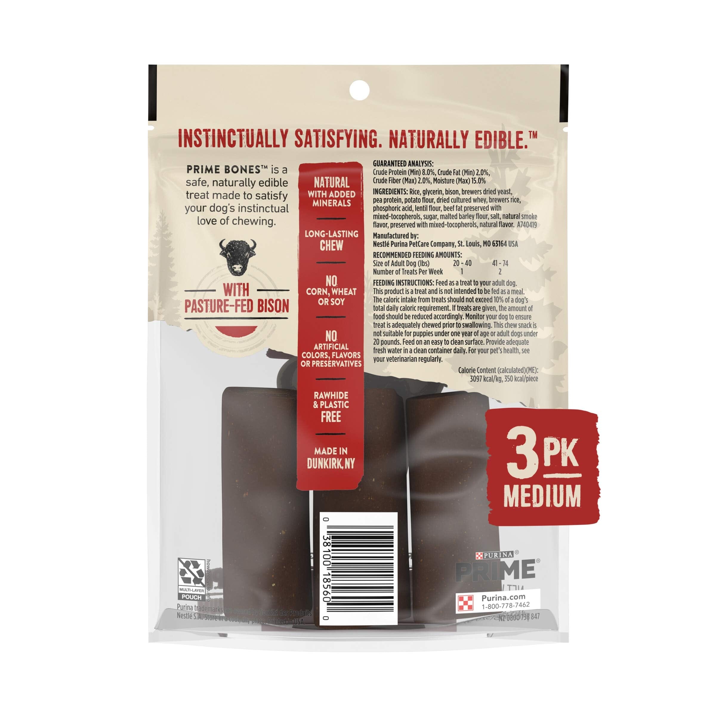 Purina Prime Bone Grass-Fed Bison Femur Bones Natural Hard Chew Dog Treats - Medium - 11.3 Oz - Case of 4  