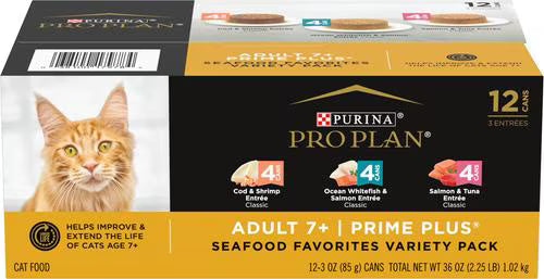 Purina Pro Plan Prime Plus Grain-Free Seafood Favorites 7+ Senior Adult Canned Cat Food - Variety Pack - 3 Oz - Case of 12 - 2 Pack