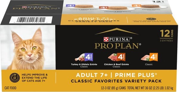Purina Pro Plan Prime Plus Grain-Free Turkey Chicken and Beef 7+ Senior Adult Canned Cat Food - Variety Pack - 3 Oz - Case of 12 - 2 Pack
