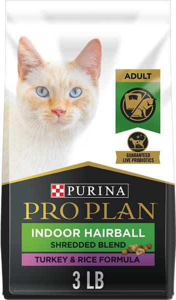 Purina Pro Plan Shredded Blend Hairball Control Turkey and Rice Indoor Adult Dry Cat Food - 3 Lbs - Case of 6