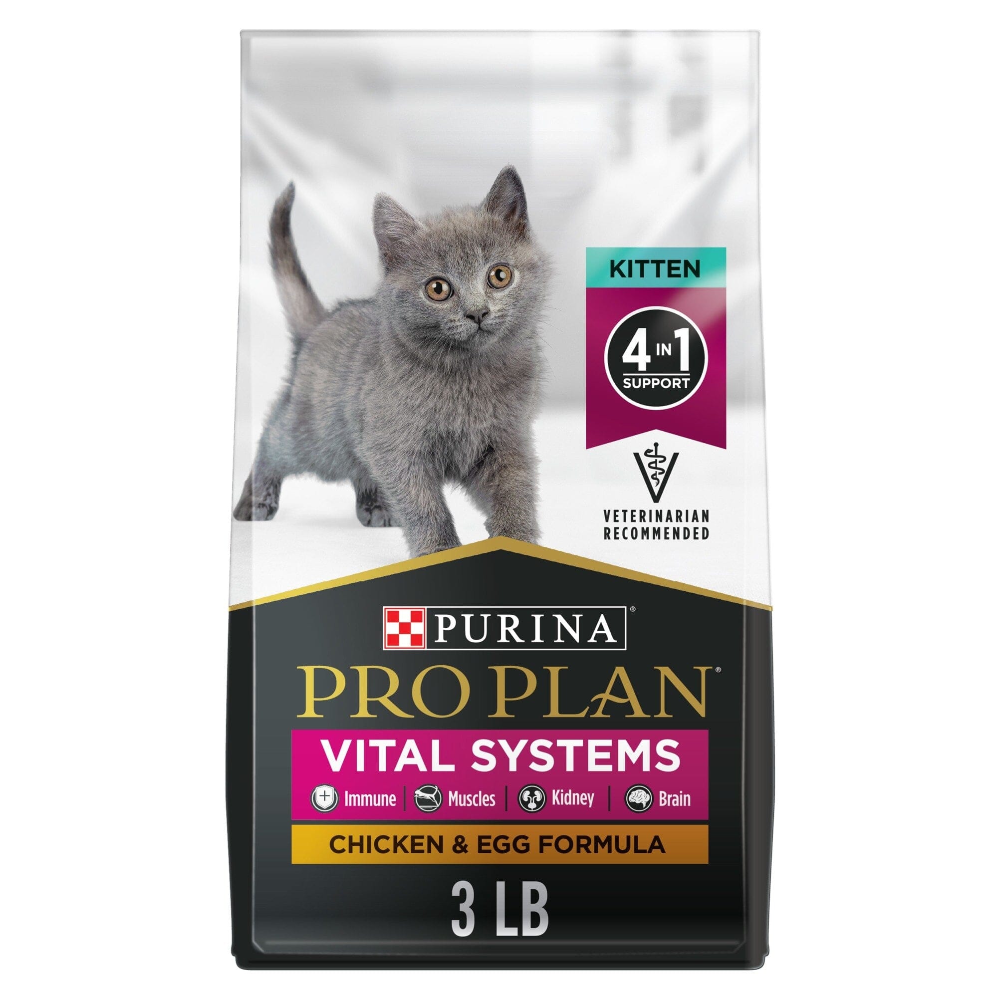 Purina Pro Plan Vital Systems 4-in-1 Support Chicken and Egg Kitten Formula Dry Cat Food - Case of 4 3 Lbs - Case of 4