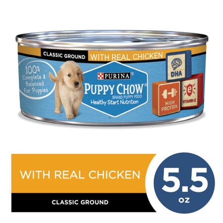 Purina Puppy Chow High-Protein Classic Ground Chicken Pate Puppy Canned Dog Food - 5.5 Oz - Case of 24  