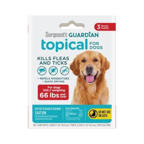 Sergeant's Guardian Flea and Tick Topical Squeeze-On Treatment for Dogs or Puppies - 3 Count or 3-Month Supply Dogs 66+ Lbs