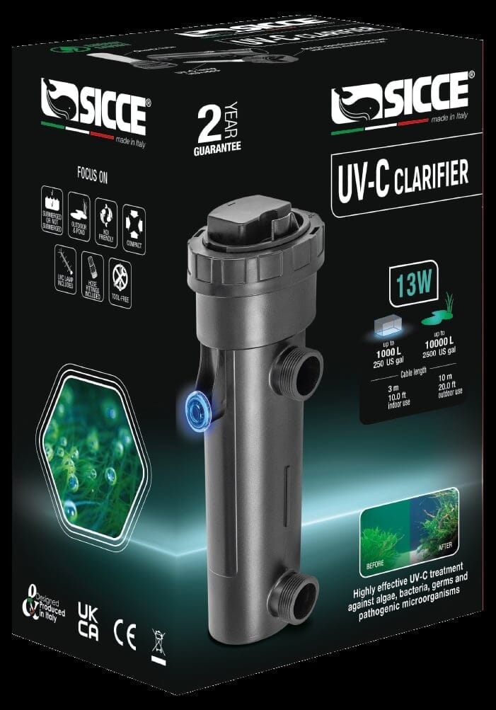 Sicce UV-C Clarifier Submersible Aquarium UV Sterlizer with 10 Foot Cable 13 Watt