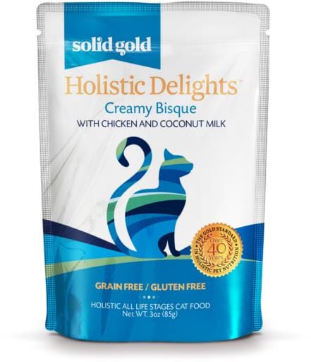 Solid Gold Holistic Delights Grain-Free Creamy Bisque Chicken and Coconut Puree Wet Cat Food Pouch - 3 Oz - Case of 24  
