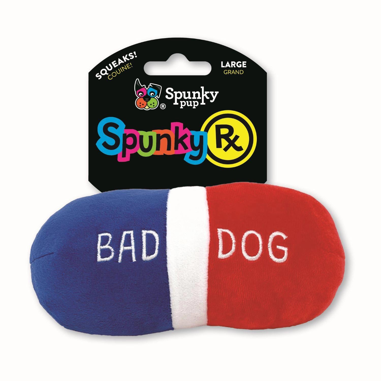 Spunky Pup RX Bad Dog Pill Squeak and Plush Dog Toy - Small