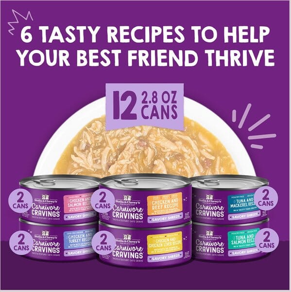 Stella & Chewy's Carnivore Cravings Savory Shreds Chicken Tuna Salmon Beef Turkey Canned Cat Food - Variety Pack - 2.8 Oz - Case of 24