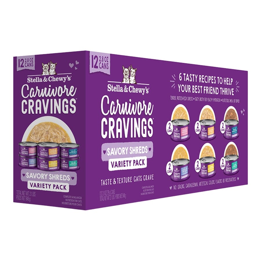 Stella & Chewy's Carnivore Cravings Savory Shreds Chicken Tuna Salmon Beef Turkey Canned Cat Food - Variety Pack - 2.8 Oz - Case of 24