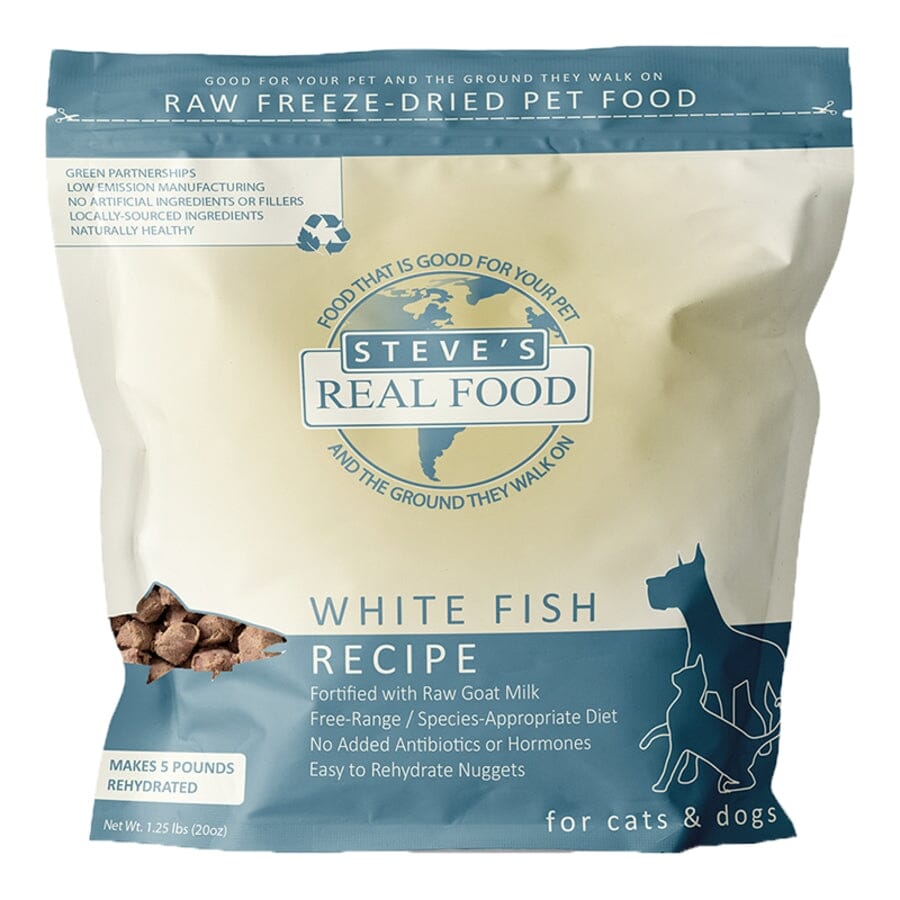 Steves Real Food Sustainable Sourced Nuggets Whitefish Recipe Freeze-Dried Raw Cat and Dog Food - 1.25 Lbs