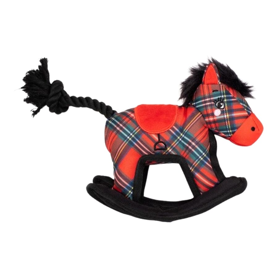 The Worthy Dog Rocking Horse Plaid Patterned Squeak Rope and Nylon Plush Dog Toy