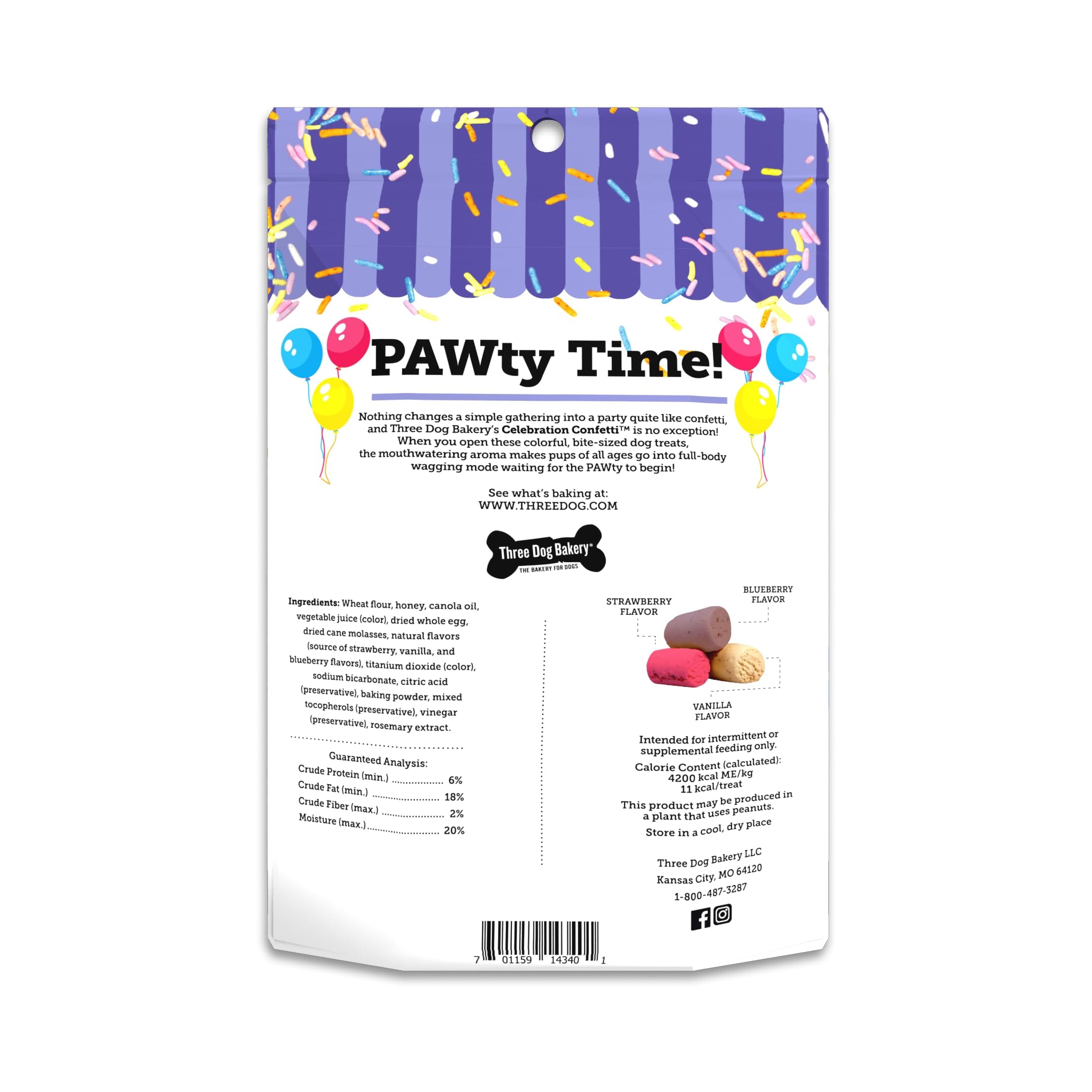 Three Dog Bakery Celebration Confetti Bites Vanilla Strawberry and Blueberry Crunchy Dog Treats - 8 Oz - Case of 8  