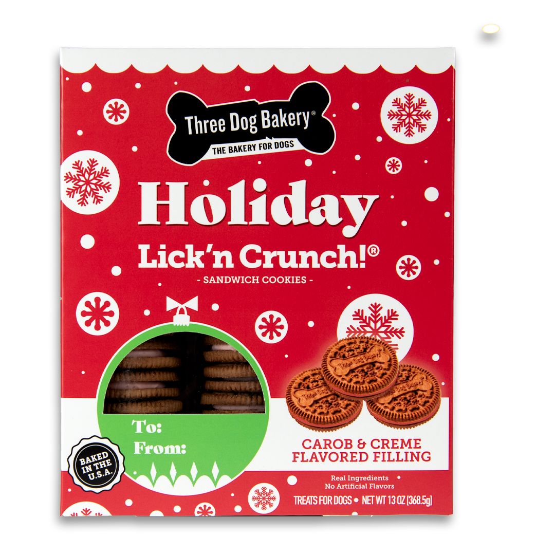 Three Dog Bakery Holiday Lick N' Crunch Carob and Red Creme Sandwich Cookies Crunchy Dog Treats - 13 Oz - Case of 6 Default Title