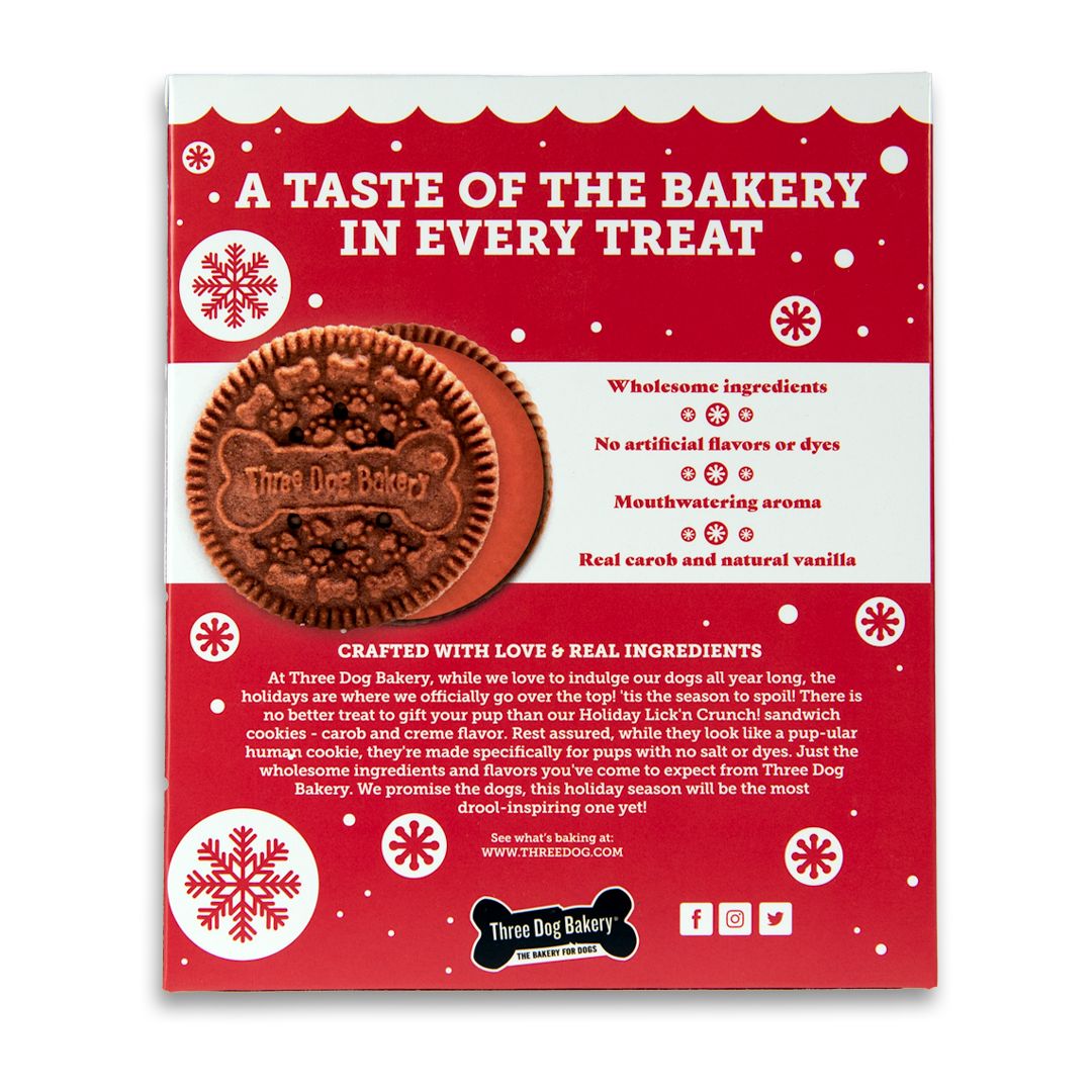 Three Dog Bakery Holiday Lick N' Crunch Carob and Red Creme Sandwich Cookies Crunchy Dog Treats - 13 Oz - Case of 6