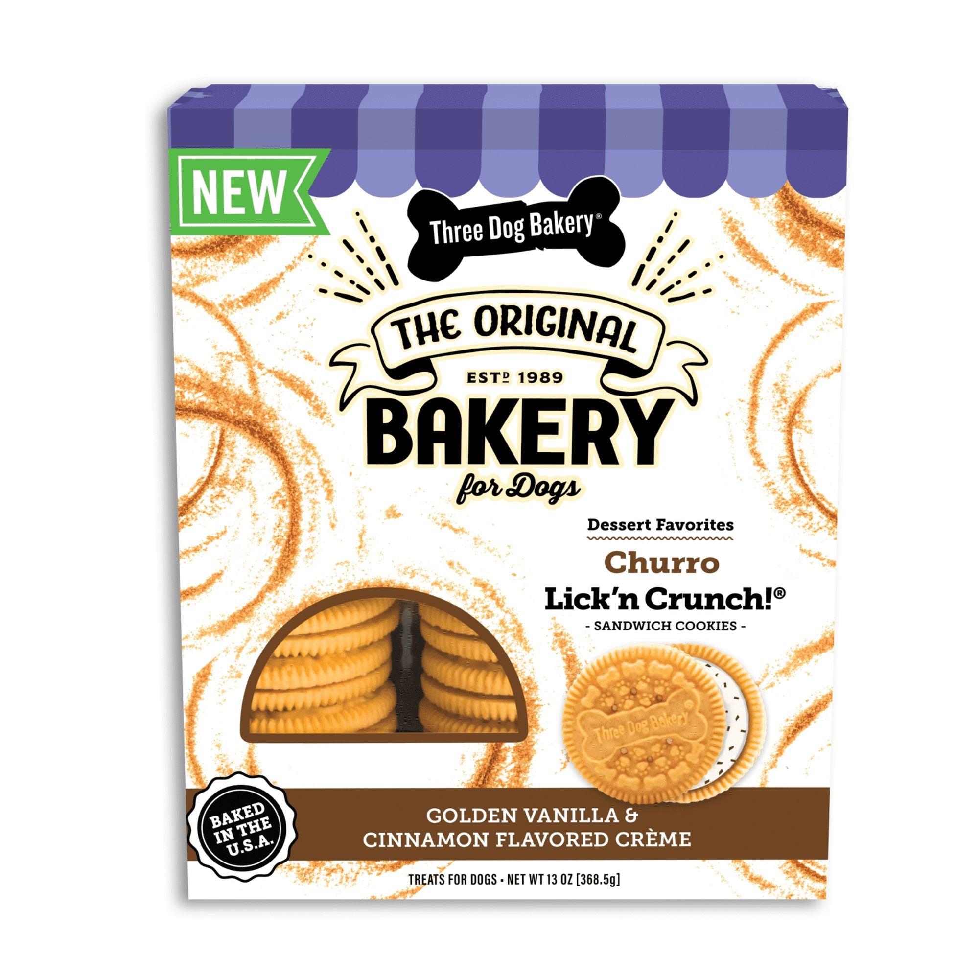 Three Dog Bakery Lick N' Crunch Churro Vanilla and Cinnamon Sandwich Cookies Crunchy Dog Treats - 13 Oz - Case of 6 Default Title