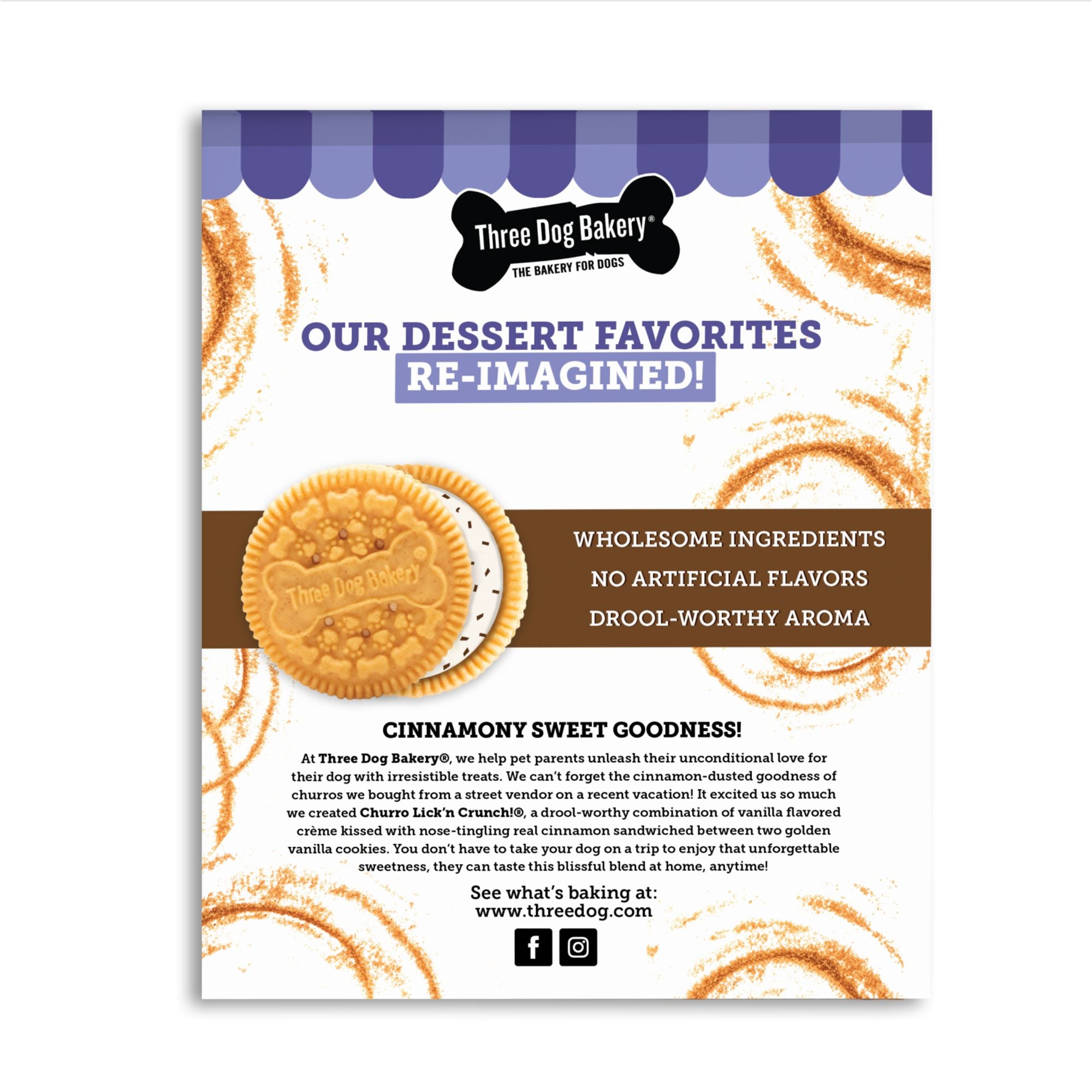 Three Dog Bakery Lick N' Crunch Churro Vanilla and Cinnamon Sandwich Cookies Crunchy Dog Treats - 13 Oz - Case of 6