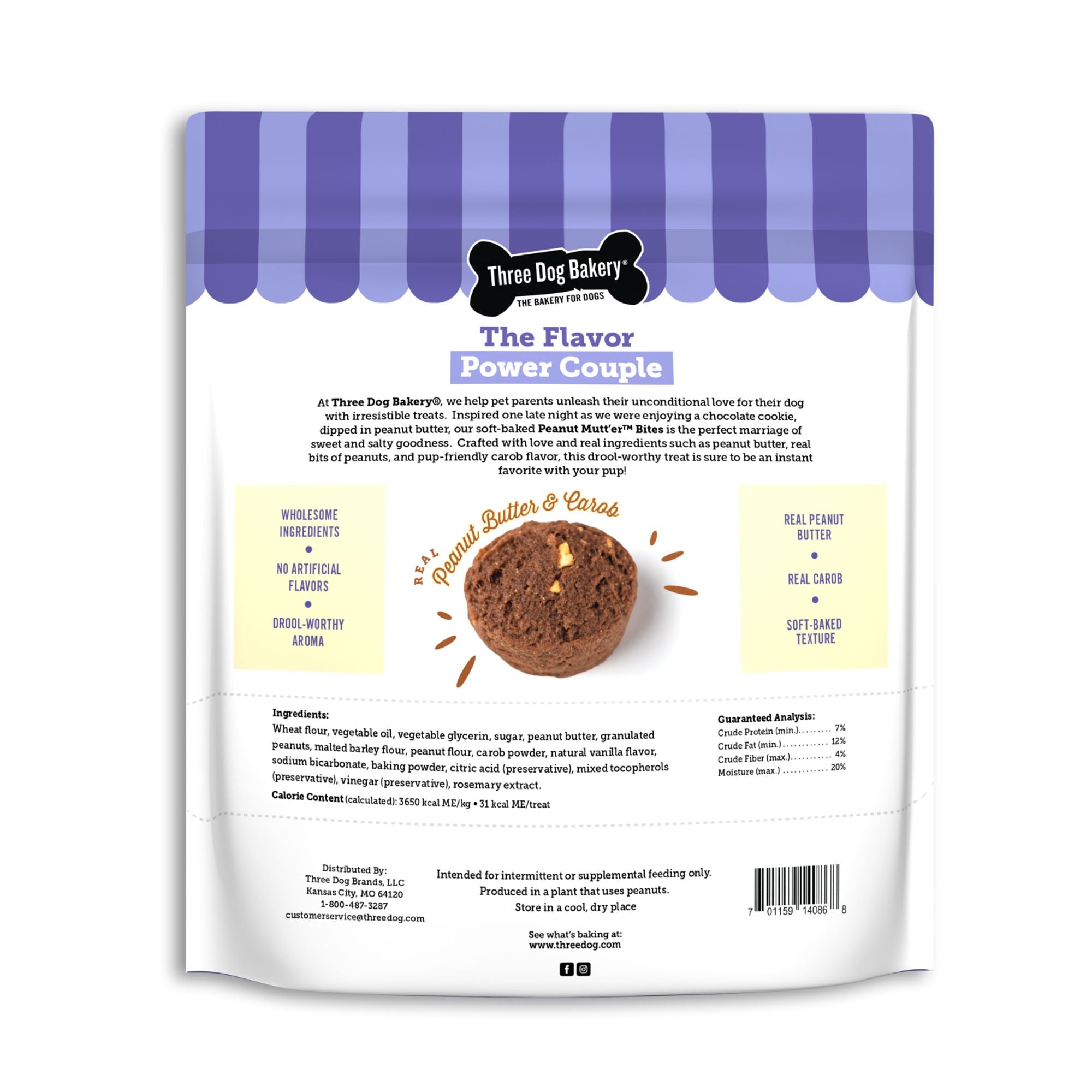 Three Dog Bakery Peanut Mutt'er Bites Peanut Butter and Carob Cookies Soft Baked Dog Treats - 18 Oz - Case of 4