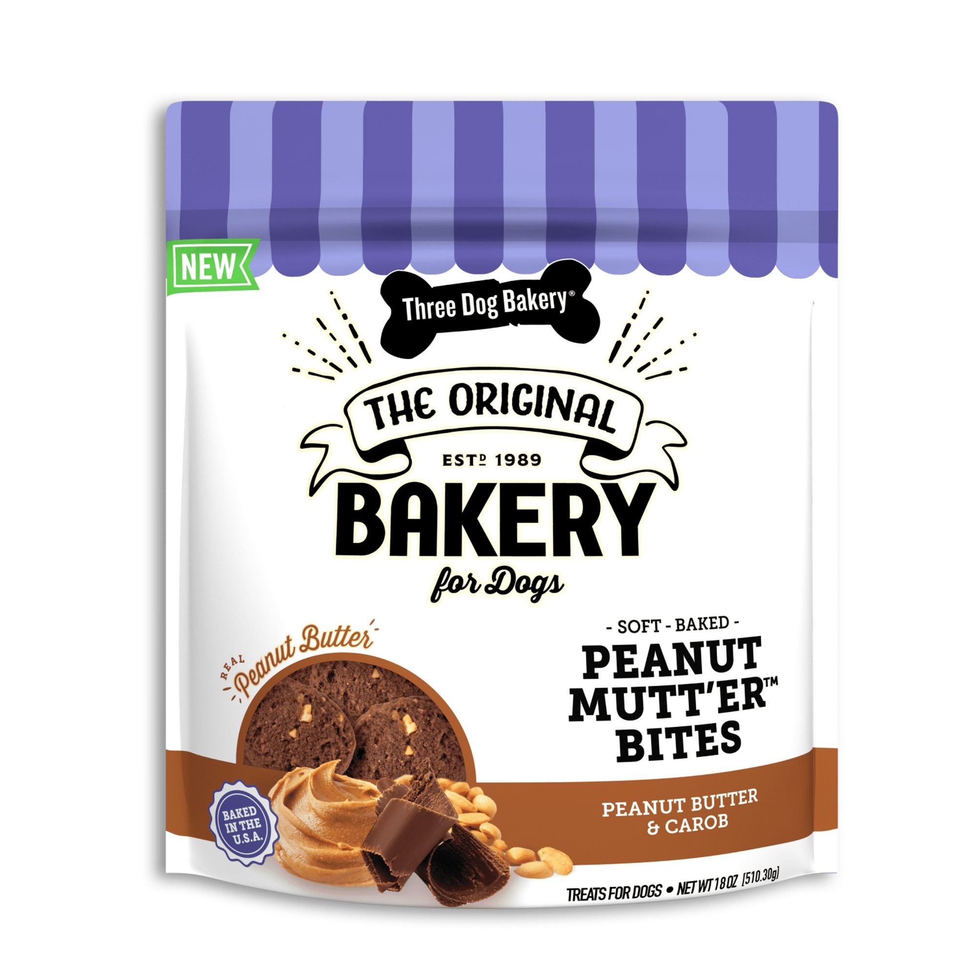 Three Dog Bakery Peanut Mutt'er Bites Peanut Butter and Carob Cookies Soft Baked Dog Treats - 18 Oz - Case of 4 Default Title