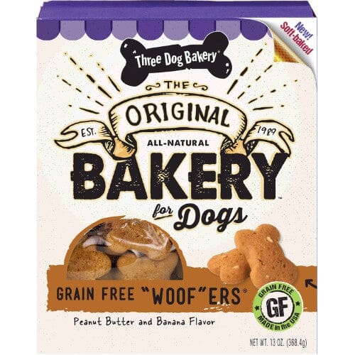 Three Dog Bakery Woofers Grain-Free Soft Baked Cookies Dog Biscuits Treats - Peanut Butter/B - 13 Oz - 6 Pack