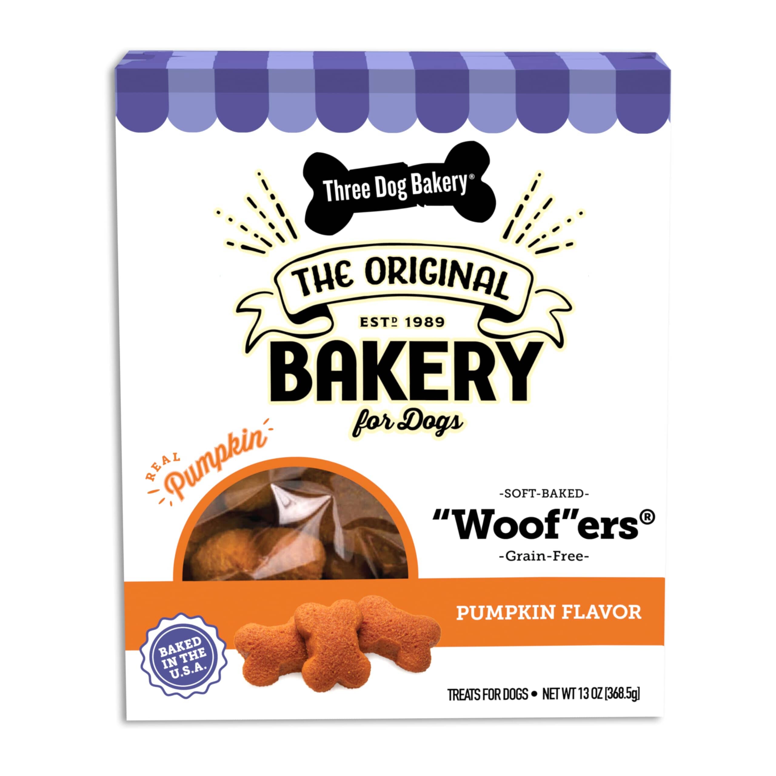 Three Dog Bakery Woofers Grain-Free Soft Baked Cookies Dog Biscuits Treats - Pumpkin - 13 Oz - 6 Pack  