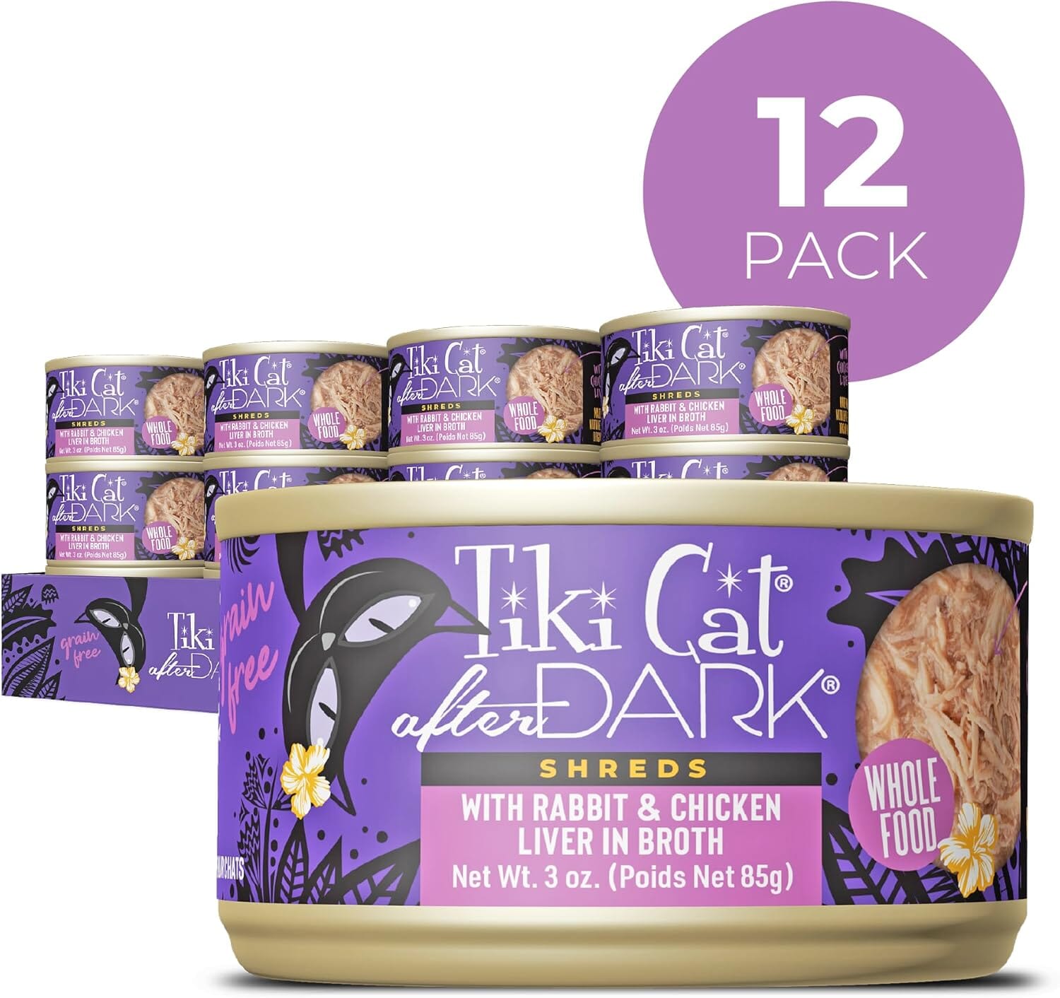 Tiki Cat After Dark Shreds Grain-Free Rabbit with Chicken Liver in Broth Adult Canned Cat Food - 3 Oz - Case of 12