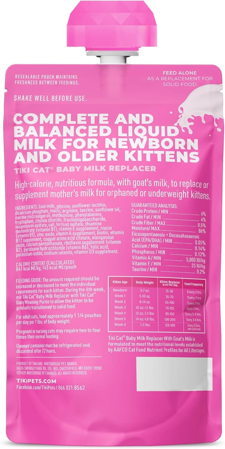 Tiki Cat Baby Milk Replacer with Goats Milk Liquid Kitten Cat Food Supplement Pouch - 6 Oz - Case of 6