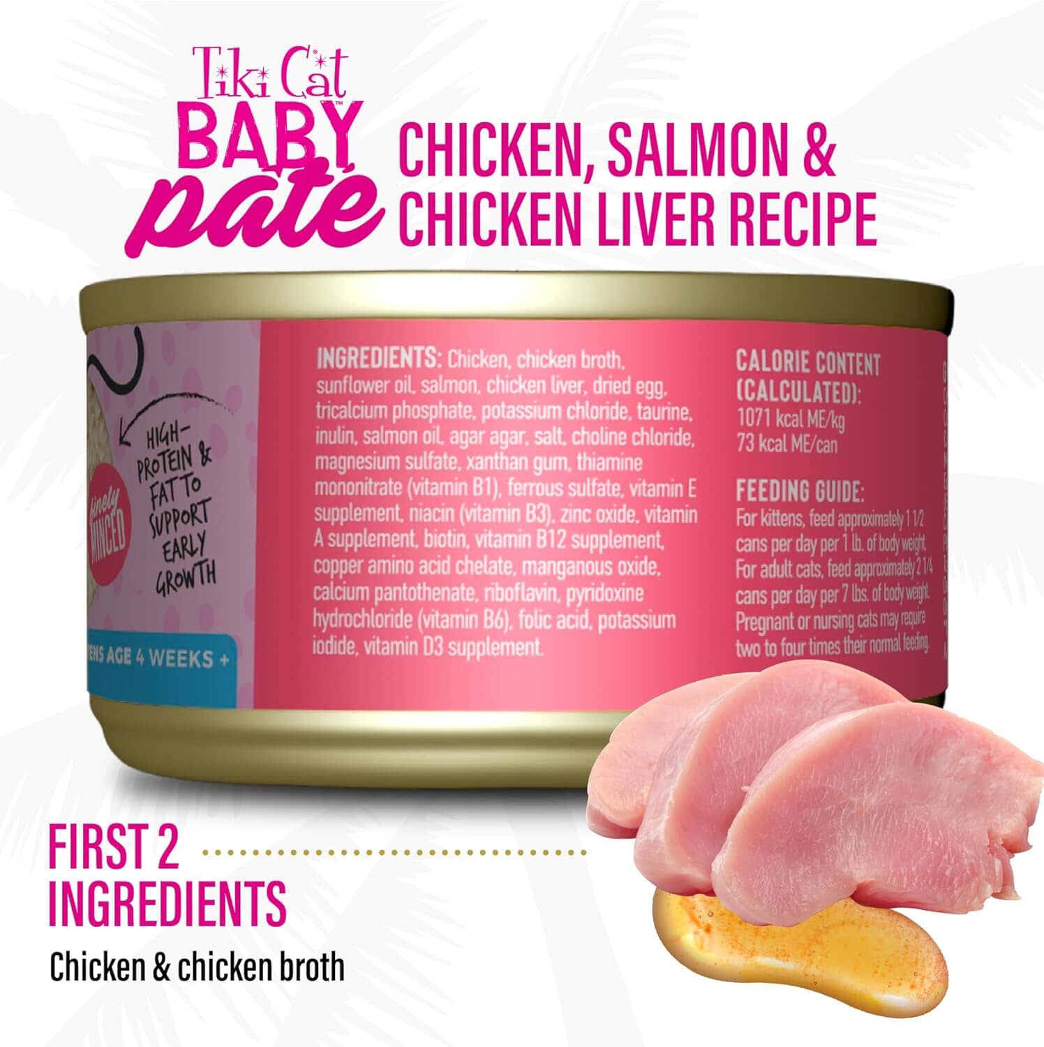 Tiki Cat Baby Pate Grain-Free Minced Chicken Salmon and Chicken Liver Kitten Canned Cat Food - 2.4 Oz - Case of 12