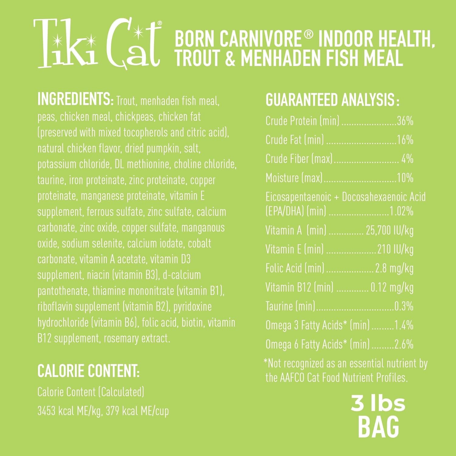 Tiki Cat Born Carnivore Indoor Health High-Protein Trout and Menhaden Fish Dry Cat Food - 3 Lbs