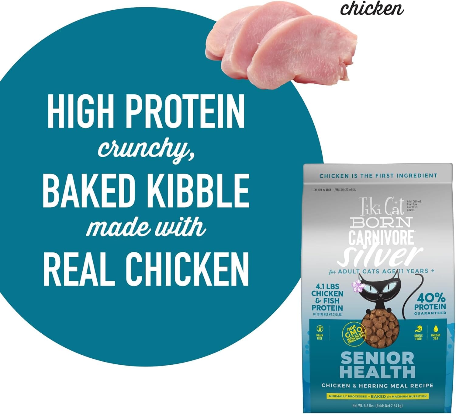 Tiki Cat Born Carnivore Silver Senior Health High-Protein Chicken and Herring Adult Senior Dry Cat Food