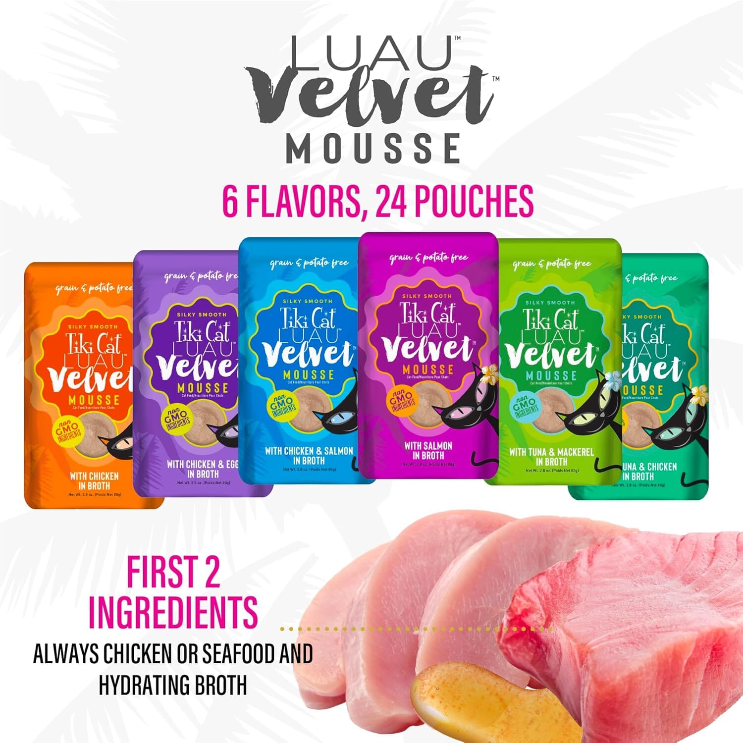 Tiki Cat Luau Velvet Mousse Chicken Egg Tuna Salmon Mackerel in Broth Wet Cat Food Pouch - Variety Pack - 2.8 Oz - Case of 6
