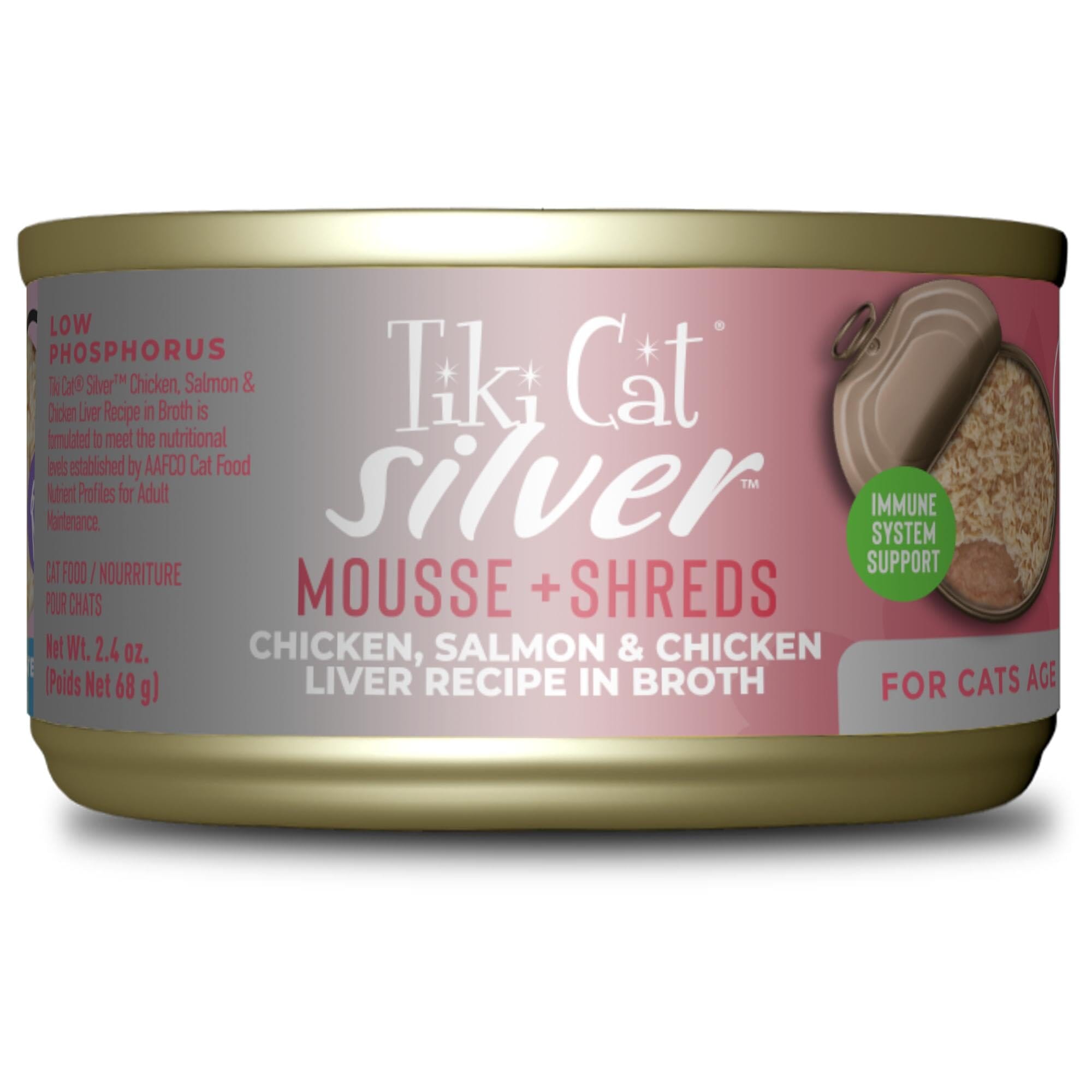 Tiki Cat Silver Mousse and Shreds Chicken Salmon and Chicken Liver in Broth Adult Senior Canned Cat Food - 2.4 Oz - Case of 12 Default Title
