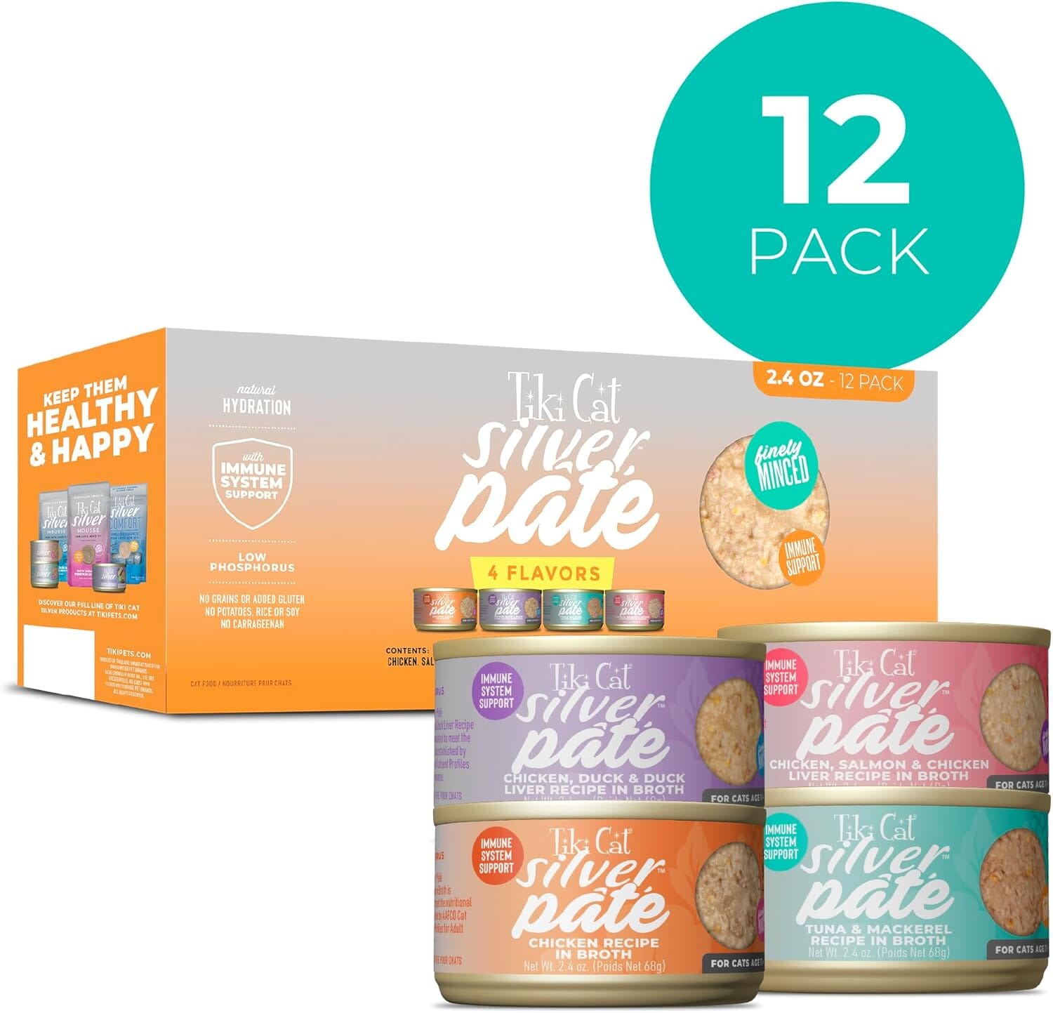 Tiki Cat Silver Pate Grain-Free Chicken Duck Salmon Tuna Mackerel in Broth Senior Adult Canned Cat Food - Variety Pack - 2.4 Oz - Case of 12