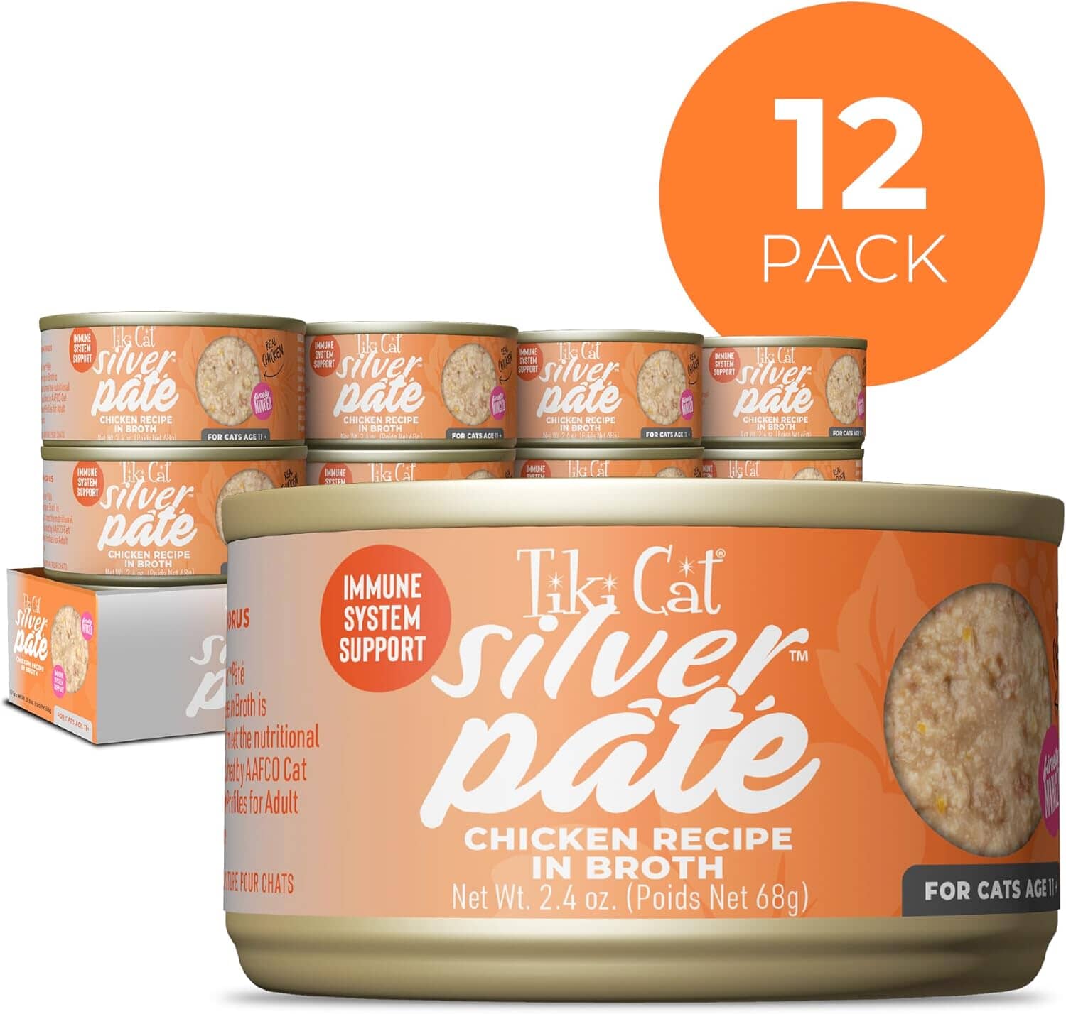 Tiki Cat Silver Pate Grain-Free Chicken in Broth Senior Adult Canned Cat Food - 2.4 Oz - Case of 12