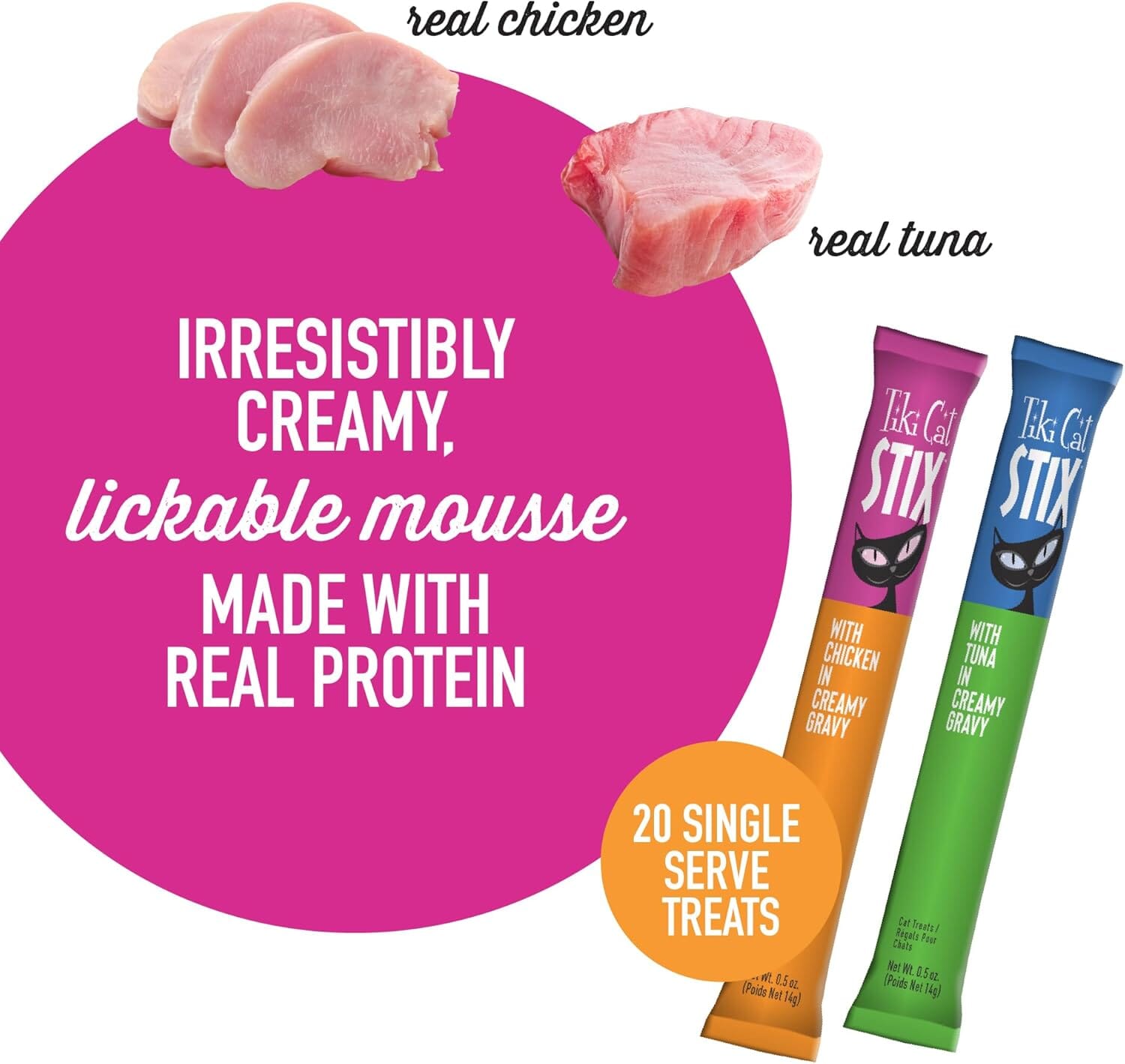 Tiki Cat Stix Chicken and Tuna in Creamy Gravy Single Serve Lickable Soft and Chewy Cat Treats - Variety Pack - .5 Oz - 20 Pack