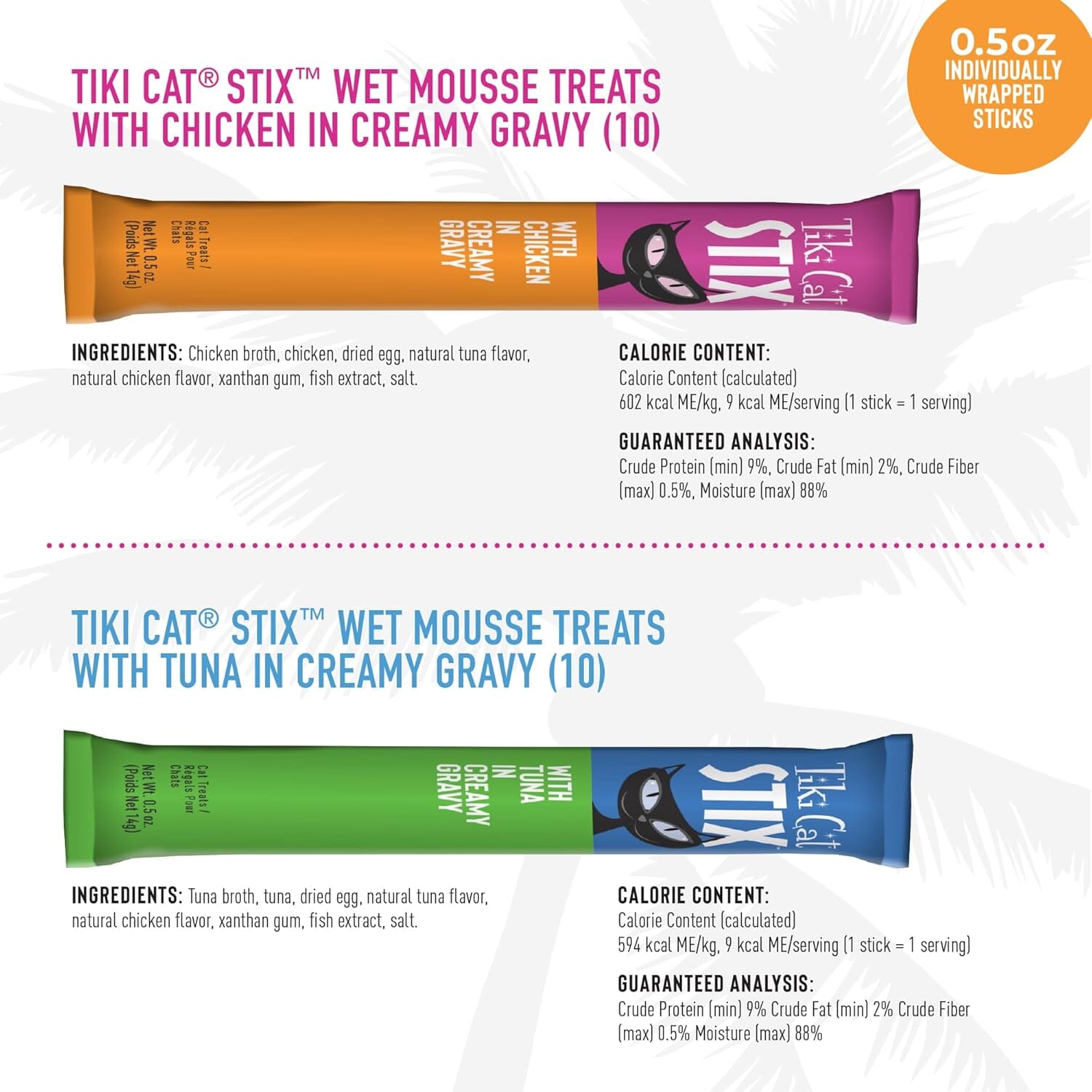 Tiki Cat Stix Chicken and Tuna in Creamy Gravy Single Serve Lickable Soft and Chewy Cat Treats - Variety Pack - .5 Oz - 20 Pack