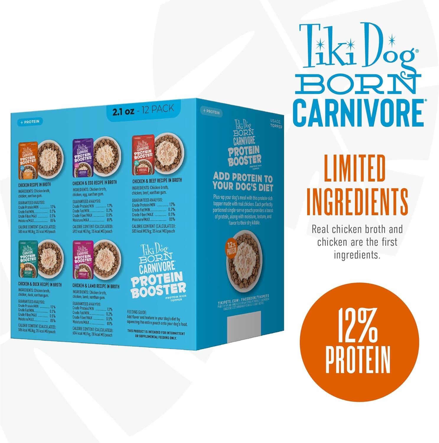 Tiki Dog Born Carnivore Protein Booster Chicken Lamb Duck Egg Beef in Broth Wet Dog Food Topper Pouch - Variety Pack - 2.1 Oz - Case of 12