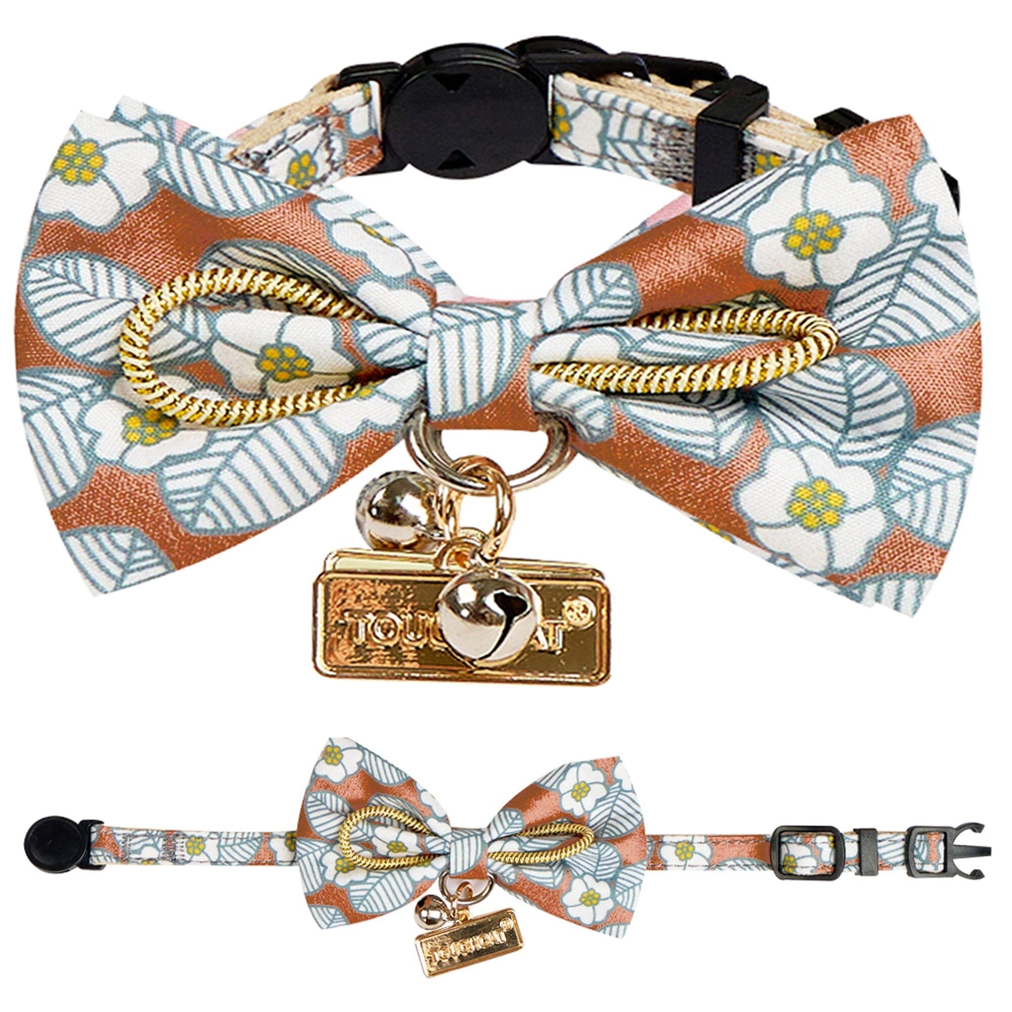 Touchcat ® Floral Patterned Designer Cat Collar with Bow - Brown - Large