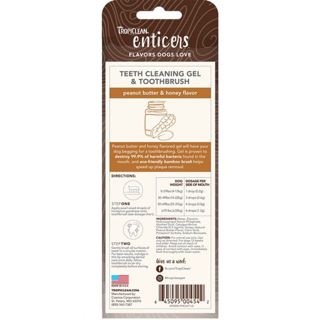 Tropiclean Enticers Peanut Butter and Honey Flavor Oral Dog Teeth Cleaning Gel and Toothbrush - For Large Dogs - 2 Oz