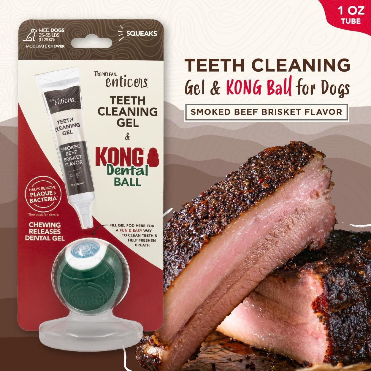 Tropiclean Enticers Smoked Beef Teeth Cleaning Dental Gel Kit with Kong Ball Dog Toy - 1 Oz - Medium Ball