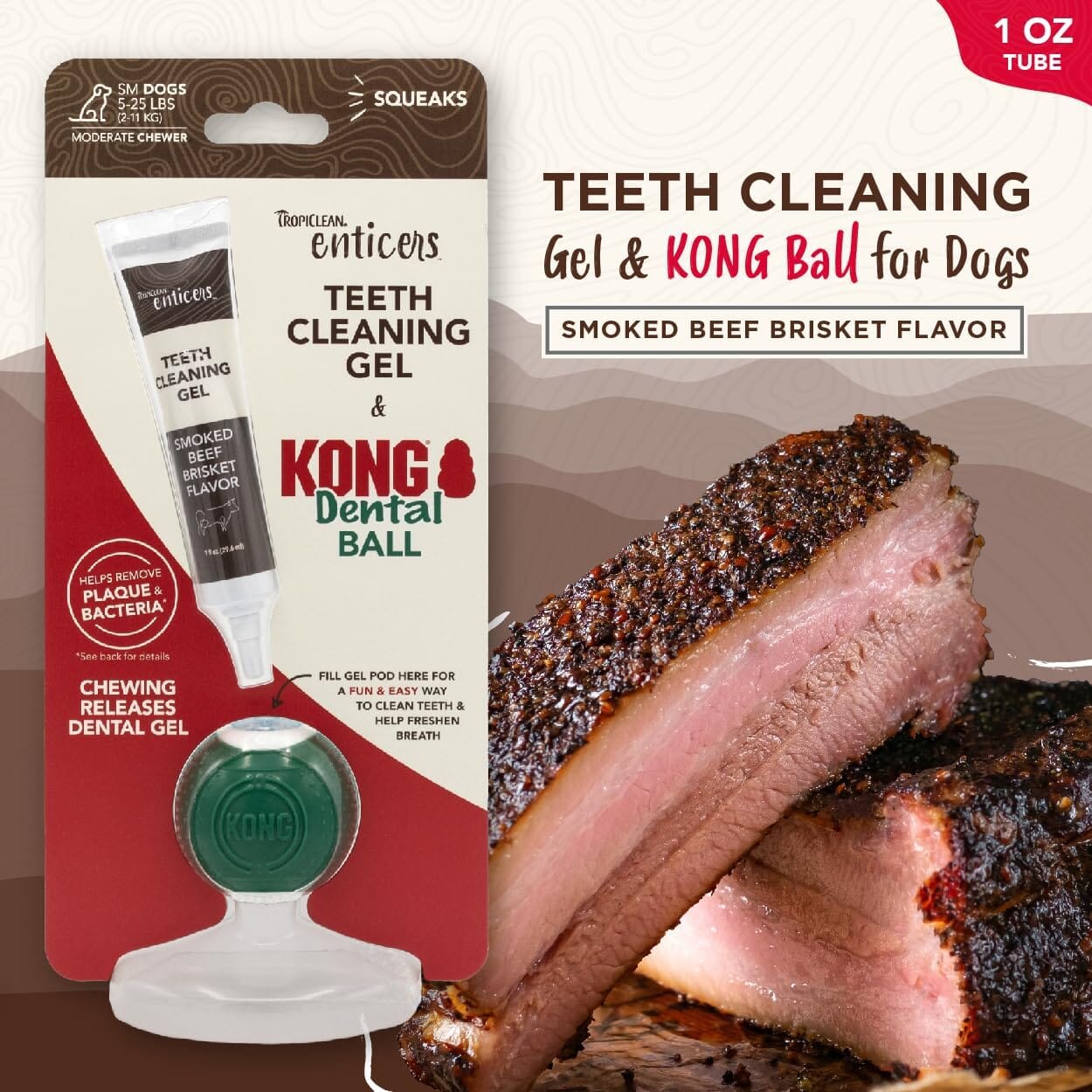 Tropiclean Enticers Smoked Beef Teeth Cleaning Dental Gel Kit with Kong Ball Dog Toy - 1 Oz - Small Ball