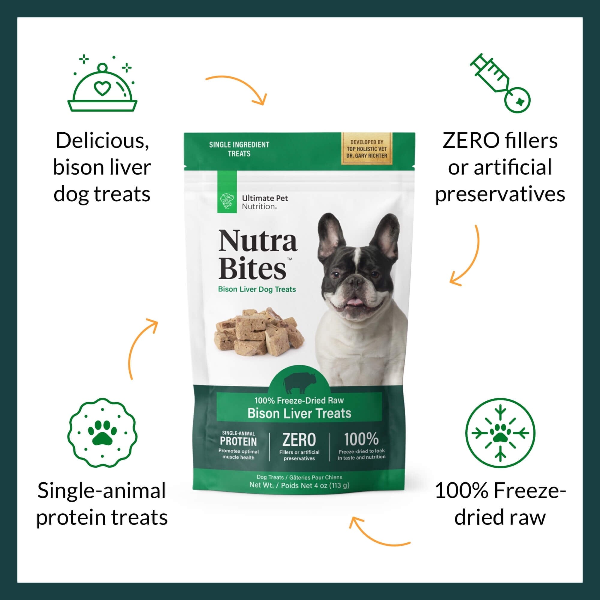 Ultimate Pet Nutrition Nutra Bites Single Ingredient Bison Liver Freeze-Dried Raw Training Dog Treats or Food Topper - 4 Oz